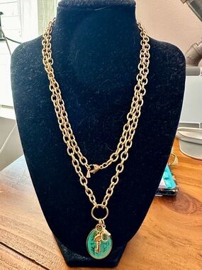Gold-Tone Double Chain Necklace with Turquoise Pendant by Plunder
